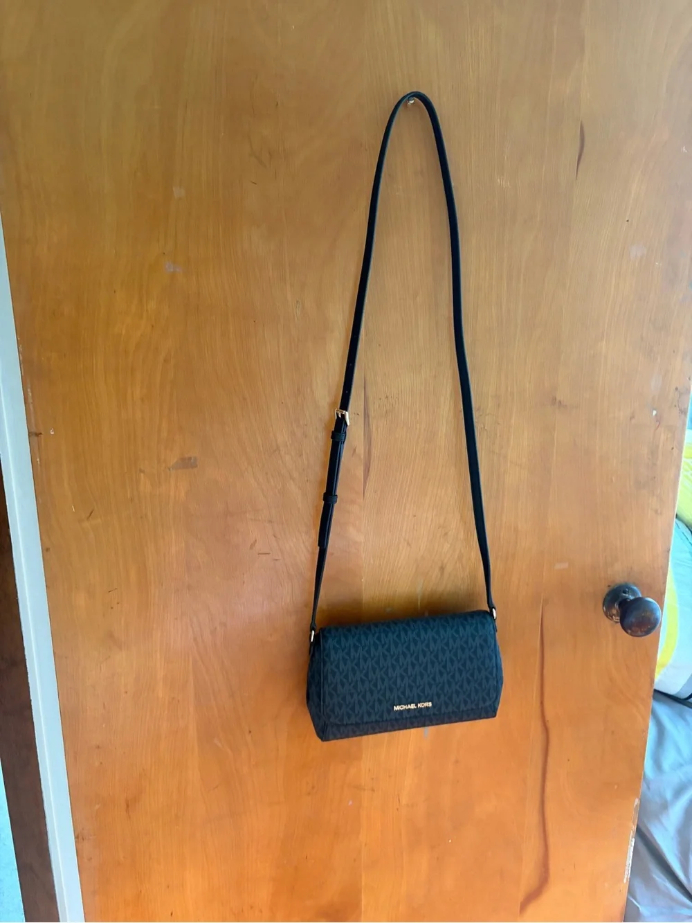 Michael Kors Black Logo-Print Crossbody with Gold Logo